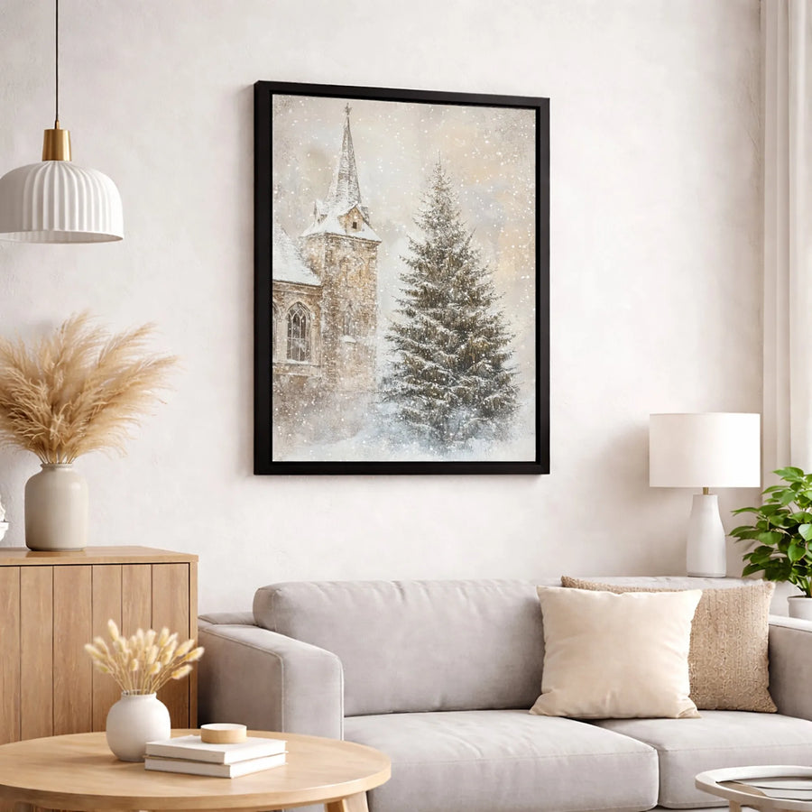 Winter Church Canvas Art | Snowy Christmas Tree Landscape Painting | Premium Gallery Wrapped Decor | Holiday Wall Decor Gift for Home