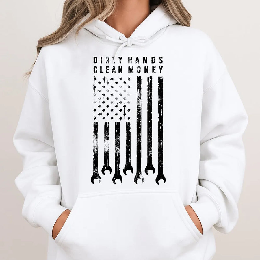 Dirty Hands Clean Money Hoodie | Distressed Wrench USA Flag Graphic | Premium Cotton Workwear | Gift for Mechanics & Blue Collar Workers