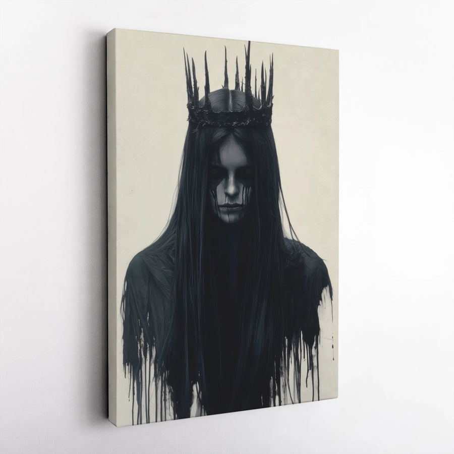 Gothic Queen Wall Art | Dark Fantasy Spiky Crown Portrait | Gallery-Wrapped Premium Canvas | Moody Aesthetic Decor Gift For Goth Lovers