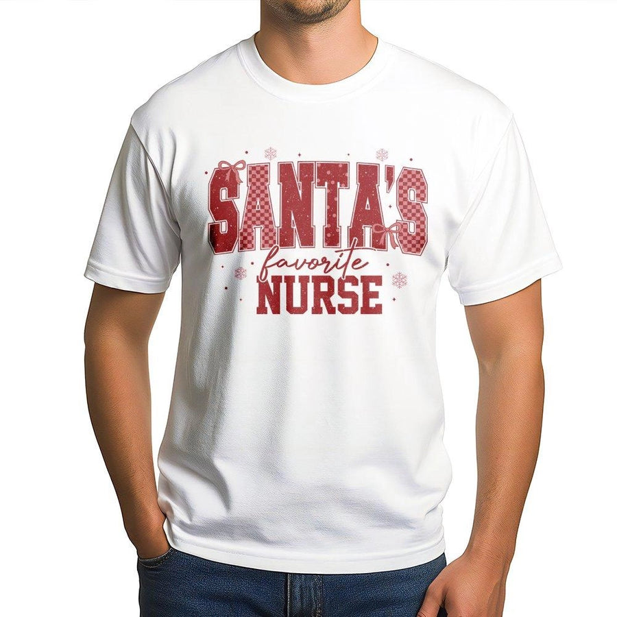Santa's Favorite Nurse T-Shirt | Festive Red Checkered Typography | Premium Soft Cotton | Christmas Gift for Nurses and Medical Professionals