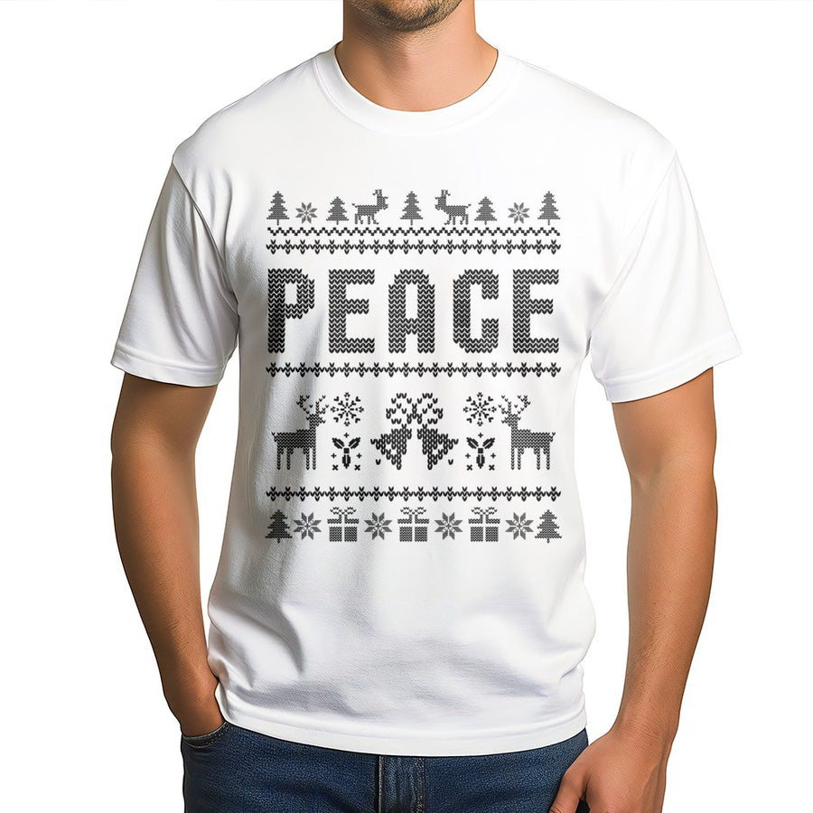 Peace Ugly Christmas T-Shirt | Knitted Sweater Style Holiday Design | Premium Soft Cotton | Funny Matching Festive Apparel for Couples and Families