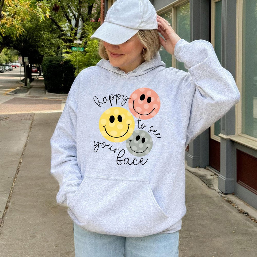 Happy To See Your Face Hoodie | Retro Smiley Face Graphic | Premium Cotton Blend | Back To School Teacher Gift for Her