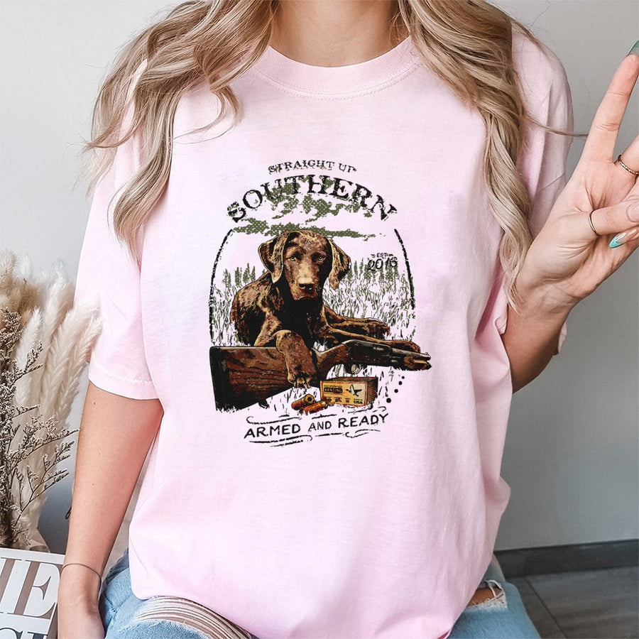 Chocolate Labrador Hunting T-Shirt | Straight Up Southern Armed and Ready Graphic | Premium 100% Cotton Tee | Gift for Hunters and Dog Lovers