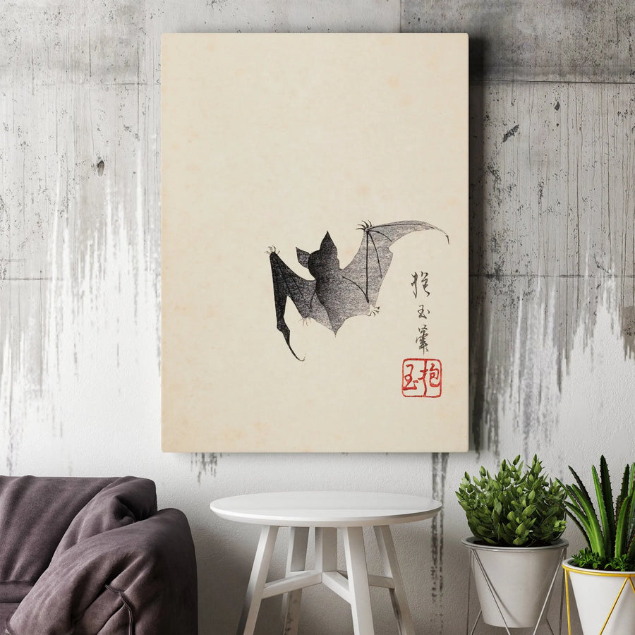 Japanese Bat Wall Art | Sumi-e Ink Wash Painting Print | Premium Gallery Wrap Canvas | Unique Asian Style Home Decor Gift
