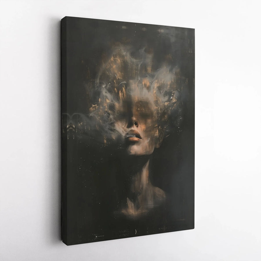 Abstract Surreal Portrait Canvas | Smoke And Gold Woman Face Art | Premium Gallery Wrapped Print | Modern Minimalist Home Decor Gift