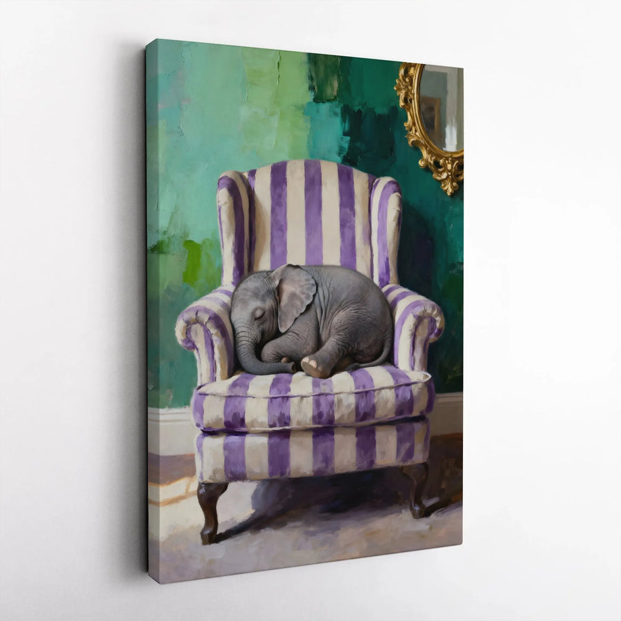 Baby Elephant Canvas Wall Art | Whimsical Animal Sleeping in Striped Chair | Premium Gallery Wrap Canvas | Nursery Decor Gift