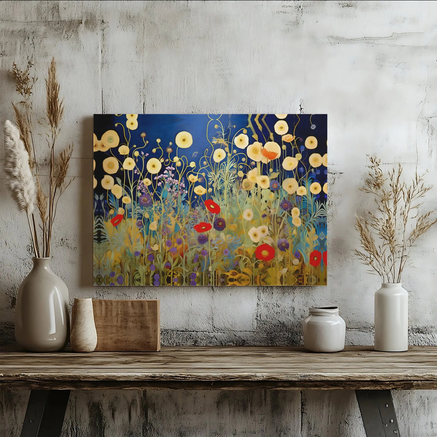 Abstract Wildflower Meadow Canvas | Dark Blue Botanical Floral Wall Art | 1.25-Inch Premium Gallery Profile | Nature-Inspired Home Decor Gift