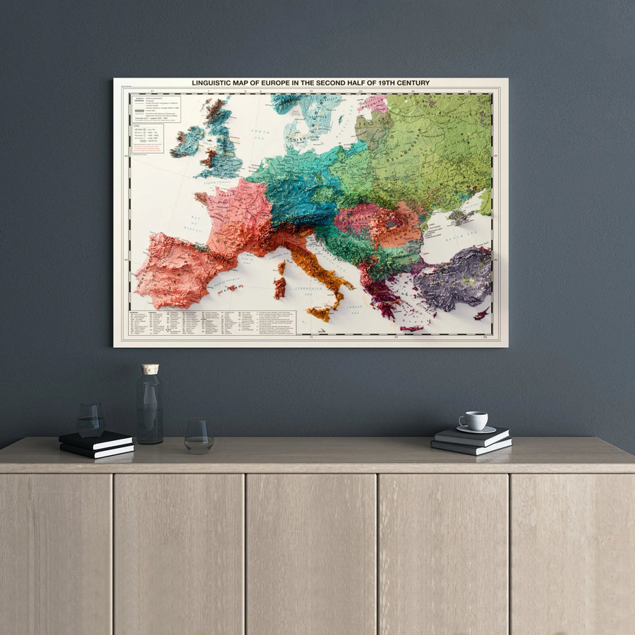 Linguistic Map of 19th Century Europe | 3D Shaded Relief Historical Cartography | Premium Gallery-Wrapped Canvas | Wall Art for History Buffs & Educators