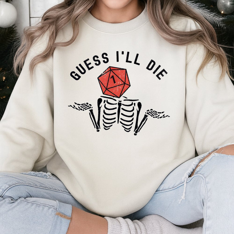 Guess I'll Die D20 Sweatshirt | Funny Skeleton Shrugging RPG Design | Premium Cotton Blend | Gift for Tabletop Gamers and Dungeon Masters