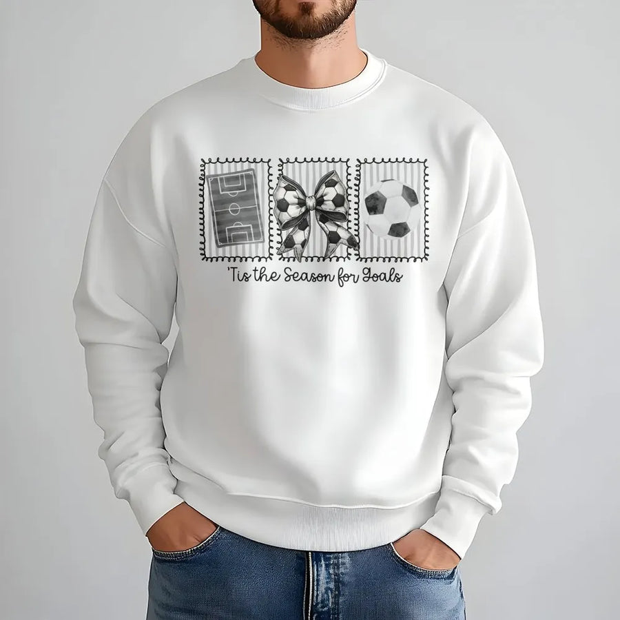 Tis The Season For Goals Sweatshirt | Coquette Soccer Bow Graphic | Premium Cotton Blend | Gift For Soccer Mom And Game Day Apparel