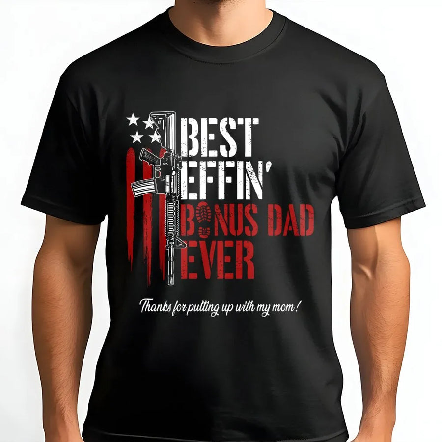 Bonus Dad T-Shirt | Funny Patriotic Gun Graphic Design | 100% Cotton Premium Tee | Best Stepdad Gift for Father's Day 2026 Birthday