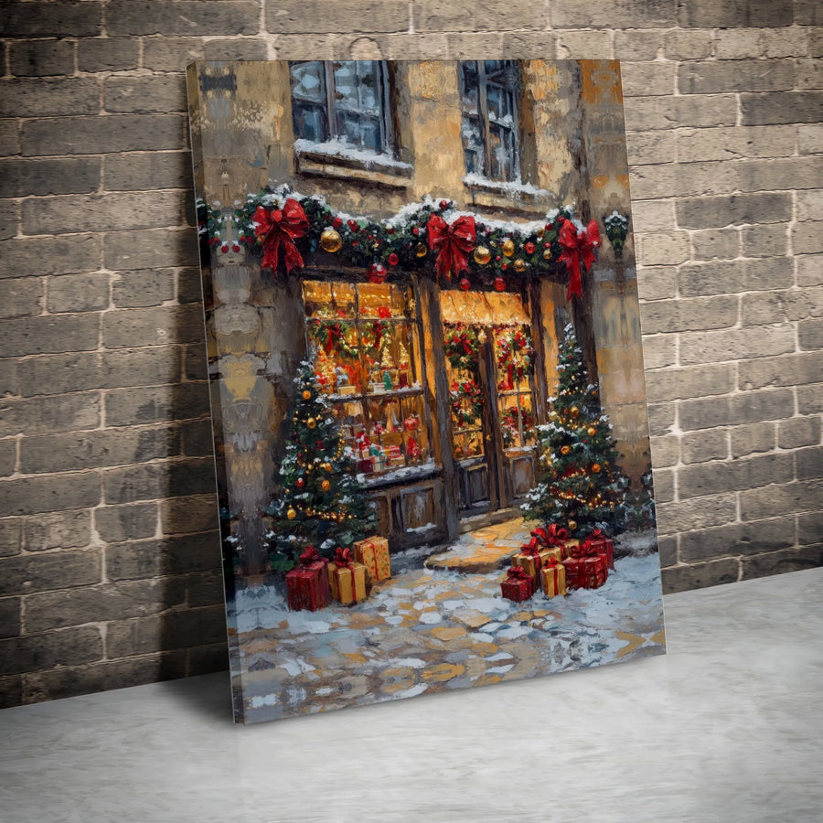 Christmas Toy Shop Canvas Print | Impressionist Winter Street Scene | Premium Gallery-Wrapped Wall Art | Festive Holiday Home Decor Gift