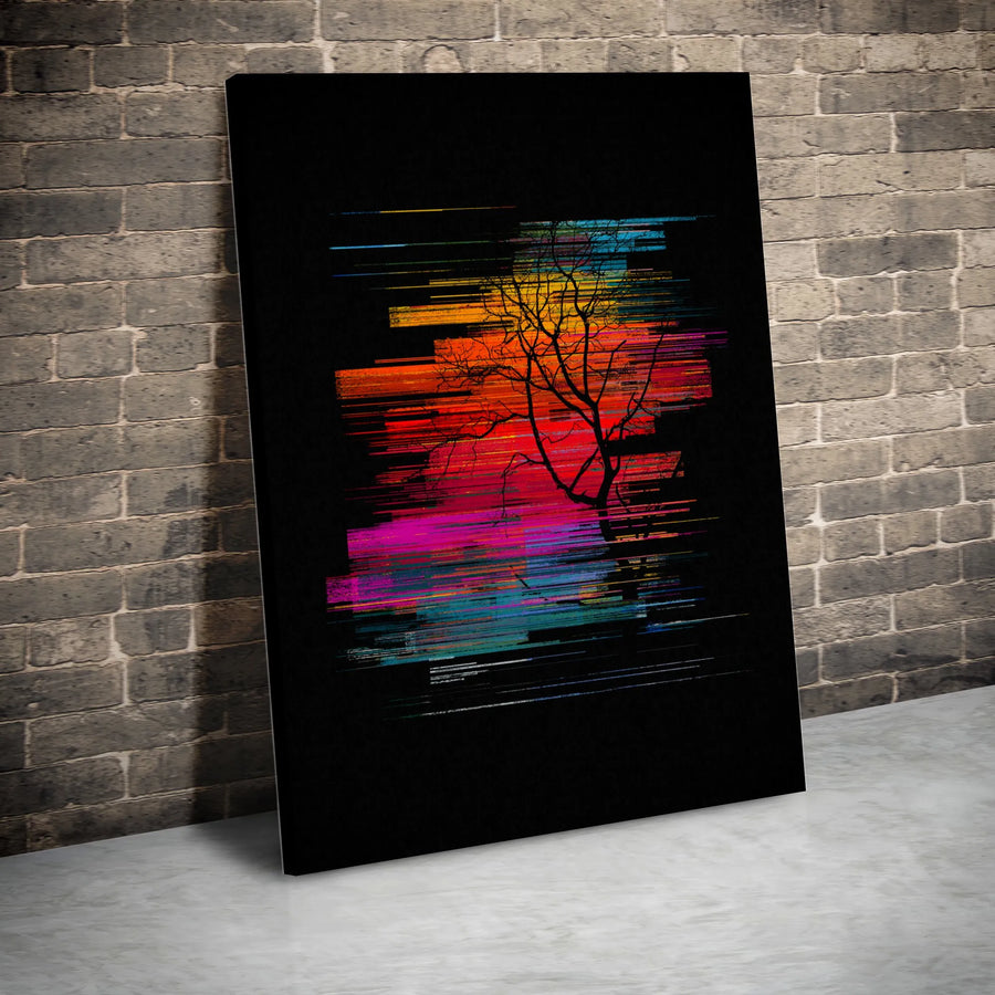 Abstract Sunset Tree Vertical Canvas | Vibrant Glitch Art with Lone Tree Silhouette | Thick 1.25" Gallery Wrapped Canvas | Premium Wall Art for Modern Home Decor