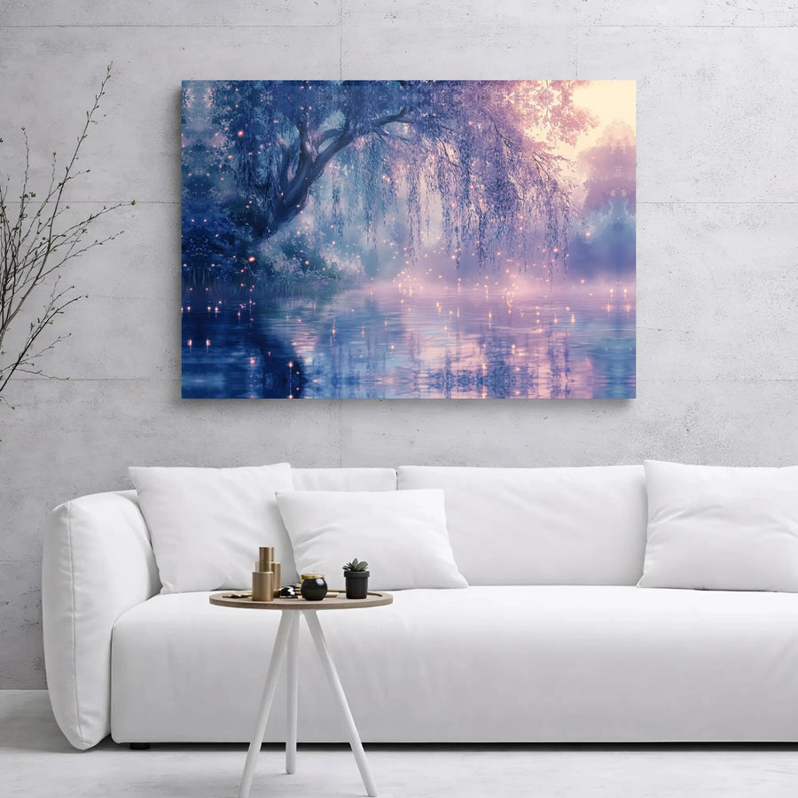 Magical Willow Tree Canvas Wall Art | Misty Lake With Fireflies | Premium 1.25" Gallery Wrap | Enchanting Nature Decor For Living Room