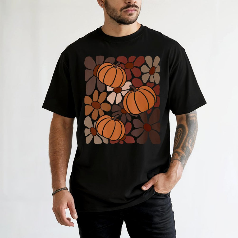 Boho Pumpkin Fall T-Shirt | Retro Floral Autumn Graphic Tee | 100% Soft Cotton Premium Quality | Thanksgiving Gift For Her