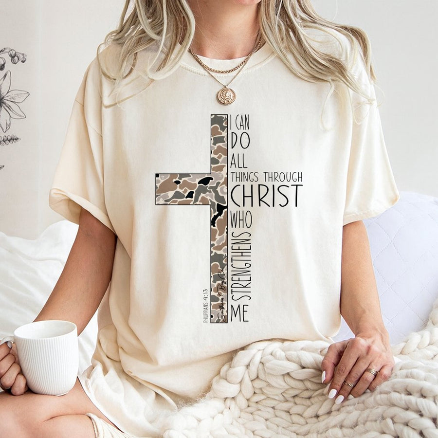 I Can Do All Things Through Christ T-Shirt | Camo Cross Graphic Design | 100% Premium Cotton | Faith-Based Religious Gift for Him and Her
