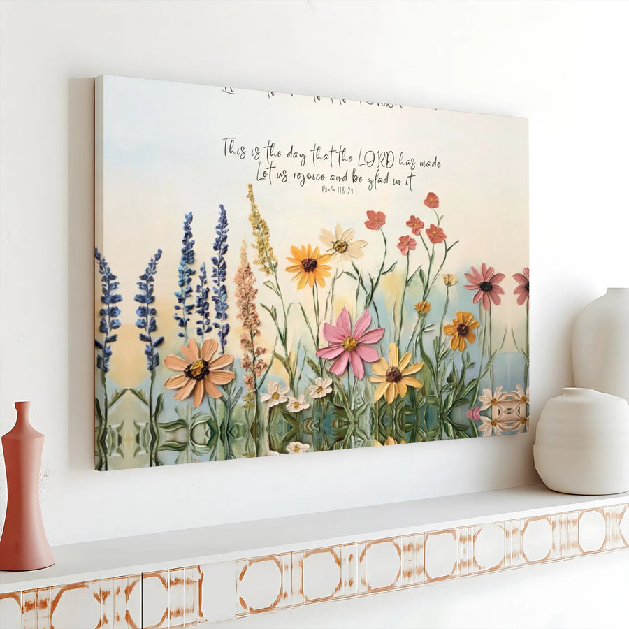 Psalm 118:24 Canvas Wall Art | Wildflower Bible Verse Decor | Gallery-Wrapped Premium Print | Christian Home Gift for Living Room
