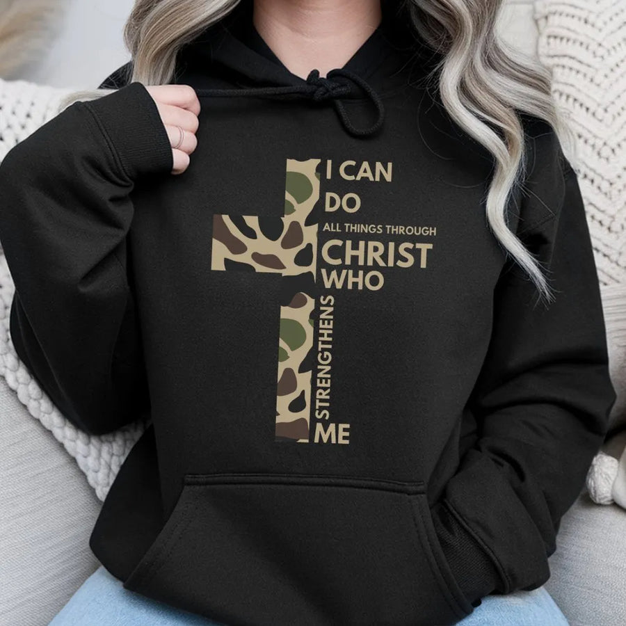 I Can Do All Things Through Christ Hoodie | Camo Cross Bible Verse Graphic | Premium Cotton Blend | Religious Gift for Men and Women