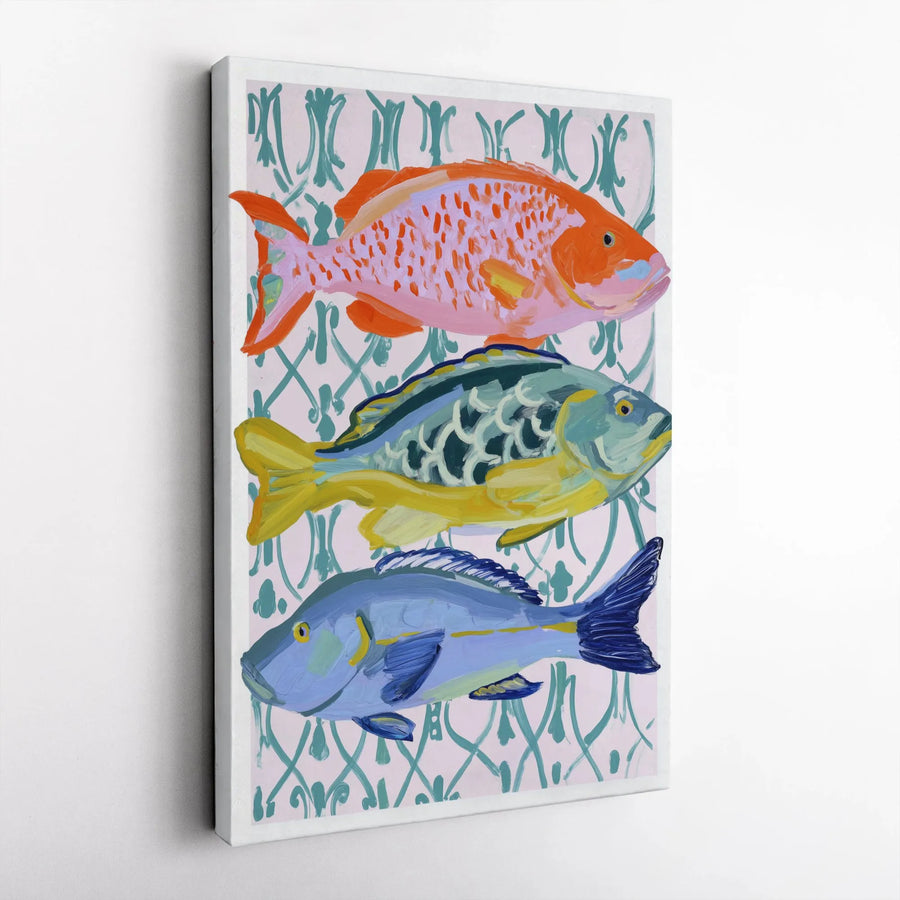 Coastal Fish Wall Art Canvas | Colorful Painterly Marine Trio Print | Premium 1.25" Gallery Wrap | Nautical Home Decor Gift for Beach House