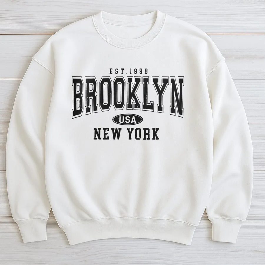 Brooklyn New York Sweatshirt | Vintage Aesthetic Varsity Print | Premium Cotton Blend Crewneck | Unisex Streetwear City Apparel Gift