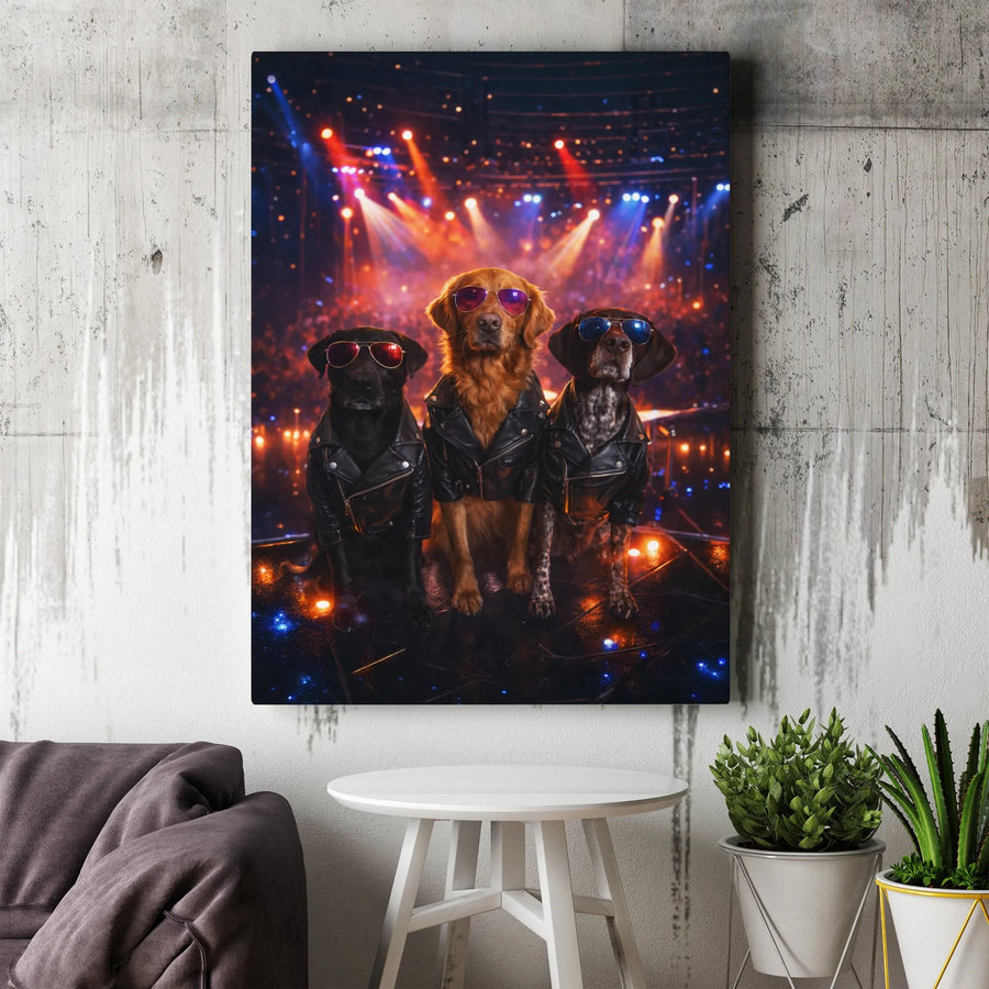 Rock Band Dogs Canvas Wall Art | Dogs in Sunglasses & Leather Jackets | Premium Gallery Wrapped Canvas | Collector's Gift for Dog Lover & Music Fan