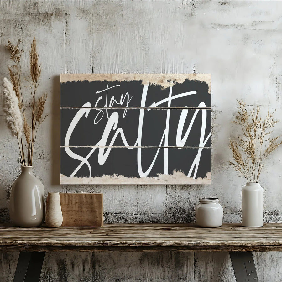 Stay Salty Canvas Wall Art | Rustic Wood Plank Design with Cursive Script | Premium Gallery Wrapped Canvas | Coastal Home & Beach House Decor Gift