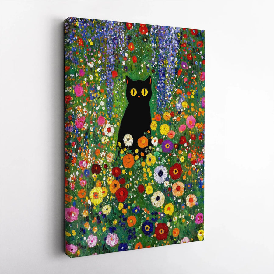 Black Cat Wall Art | Impressionist Flower Garden Canvas Print | 1.25" Gallery Wrap | Whimsical Animal Decor for Cat Lovers