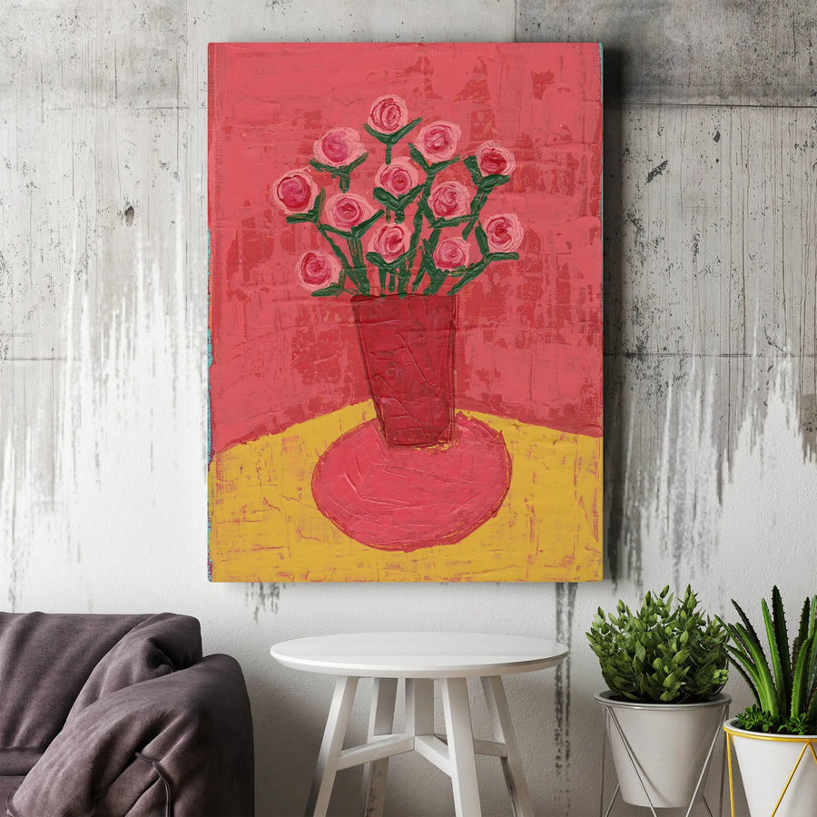 Pink Roses Vase Vertical Canvas | Textured Impressionist Flower Oil Painting Design | Premium 1.25" Gallery Wrap | Vibrant Botanical Art Gift for Living Room Decor