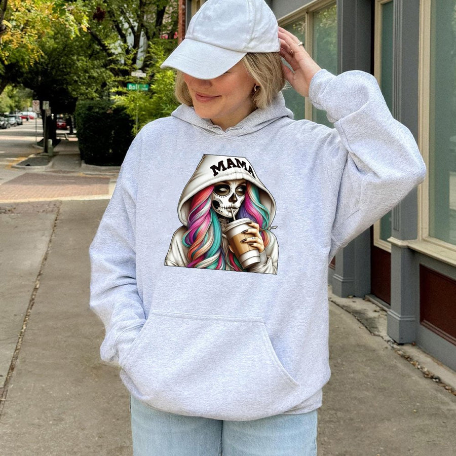 Mama Skeleton Coffee Hoodie | Spooky Graphic Sugar Skull Mom Sweatshirt | Cotton-Polyester Blend | Trendy Halloween Gift For Coffee Lovers
