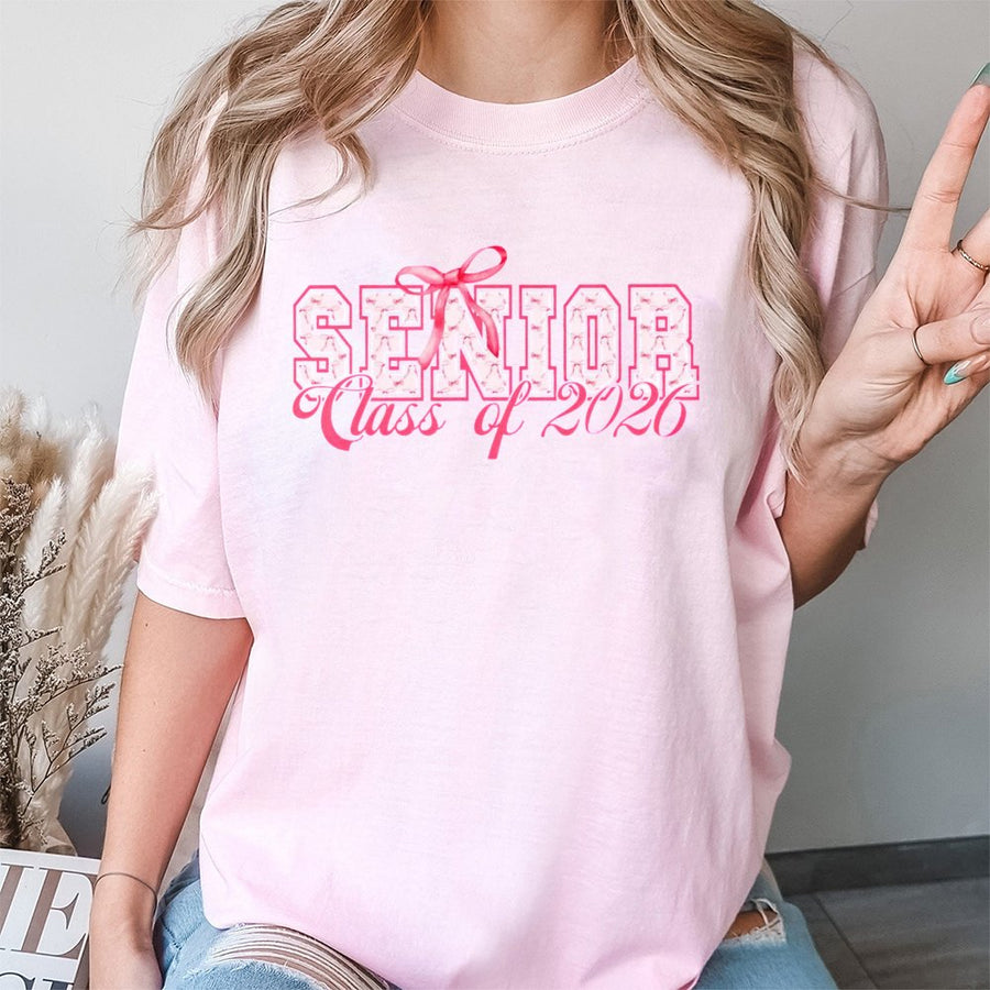Senior Class of 2026 T-Shirt | Pink Bow Varsity Graduation Design | 100% Cotton Premium Tee | Cute School Spirit Outfit for High School Graduates