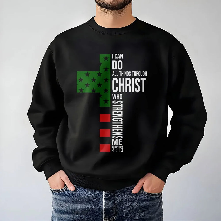Philippians 4:13 Sweatshirt | Pan-African Flag Cross Graphic | Premium Cotton Blend | Faith-Based Christian Gift for Men and Women