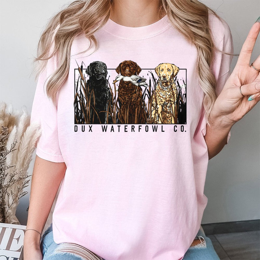 Dux Waterfowl Hunting Dog T-Shirt | Retriever Trio Graphic | 100% Cotton Premium Tee | Outdoor Gift for Duck Hunters and Dog Lovers