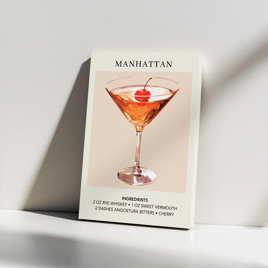 Manhattan Cocktail Recipe Wall Art | Mid-Century Modern Drink Print | Premium Gallery Wrapped Canvas | Bar Cart Decor & Home Bar Gift