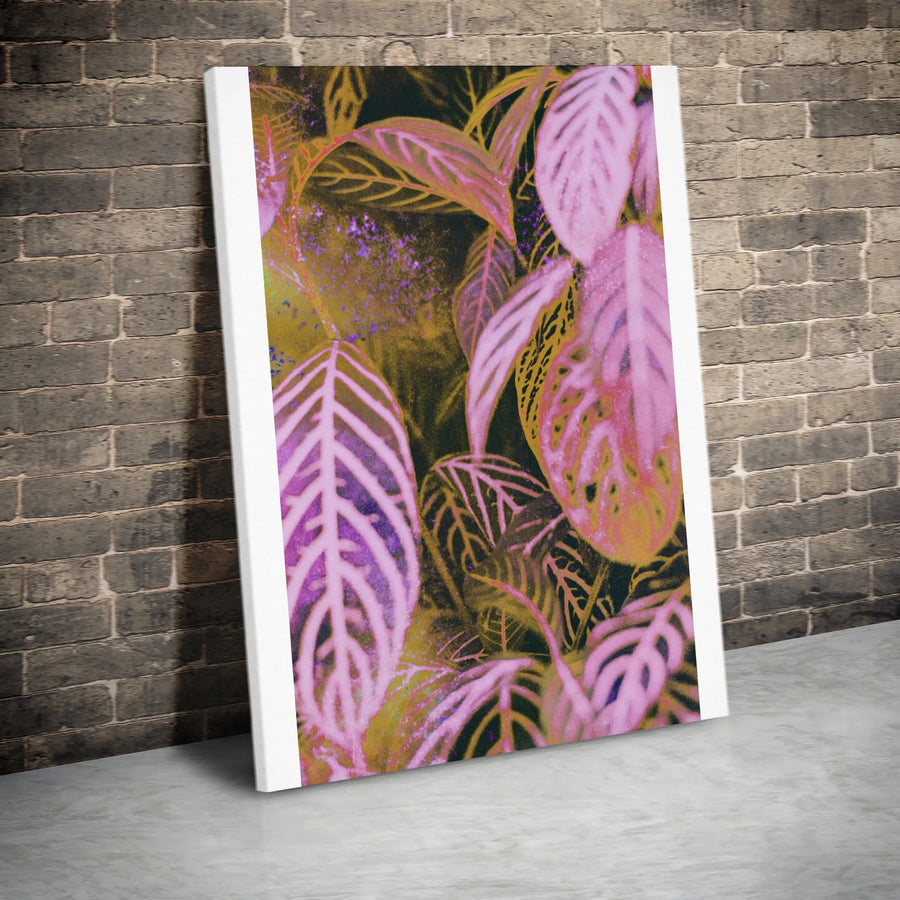 Abstract Botanical Vertical Canvas | Vibrant Pink & Gold Leaf Design | Premium Gallery Wrapped Print | Modern Home Decor Gift