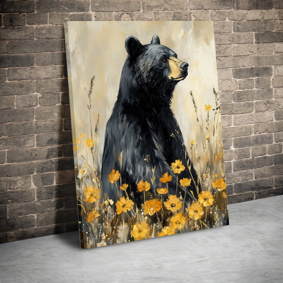 Black Bear Painting Vertical Canvas | Impressionist Wildlife Art with Yellow Wildflowers | Premium Gallery Wrap | Rustic Cabin Decor Gift for Nature Lover