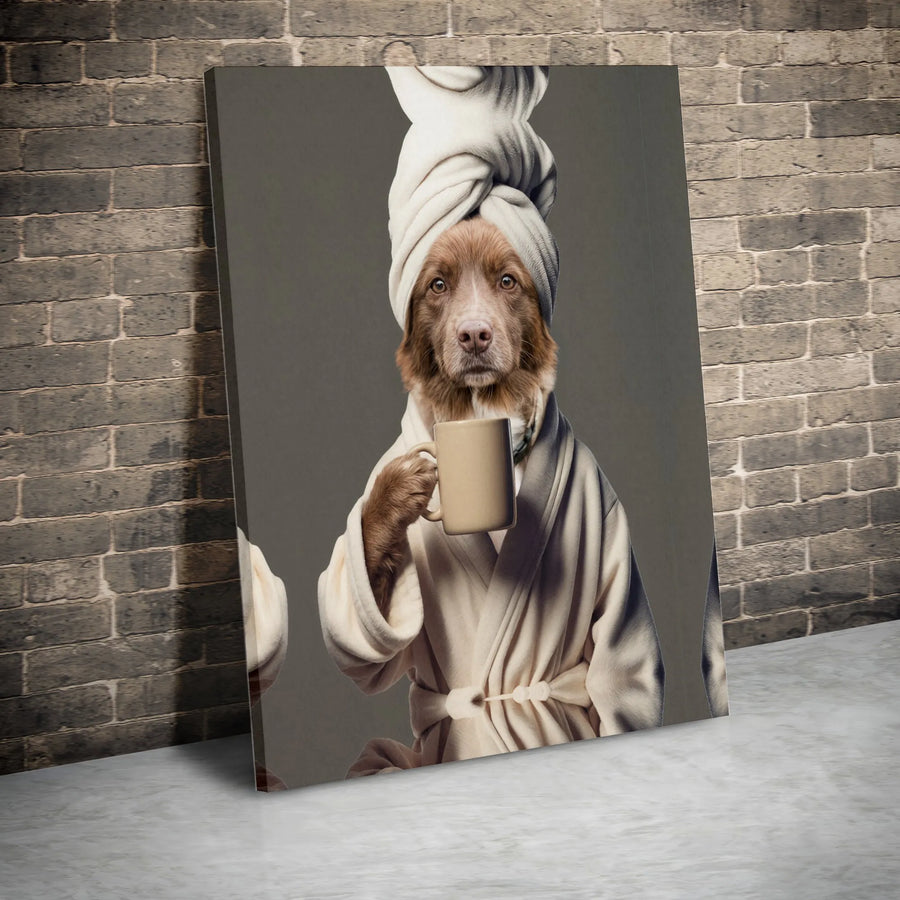 Dog in Bathrobe Canvas Wall Art | Humorous Spa Dog Portrait | Thick Gallery Wrap Canvas | Gift for Dog Mom, Funny Bathroom Decor