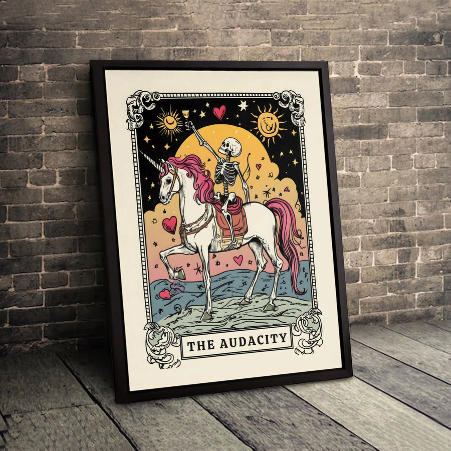 The Audacity Tarot Card Canvas | Skeleton Riding Unicorn Wall Art | Premium Fade-Resistant Gallery Wrap | Whimsical Gothic Home Decor Gift