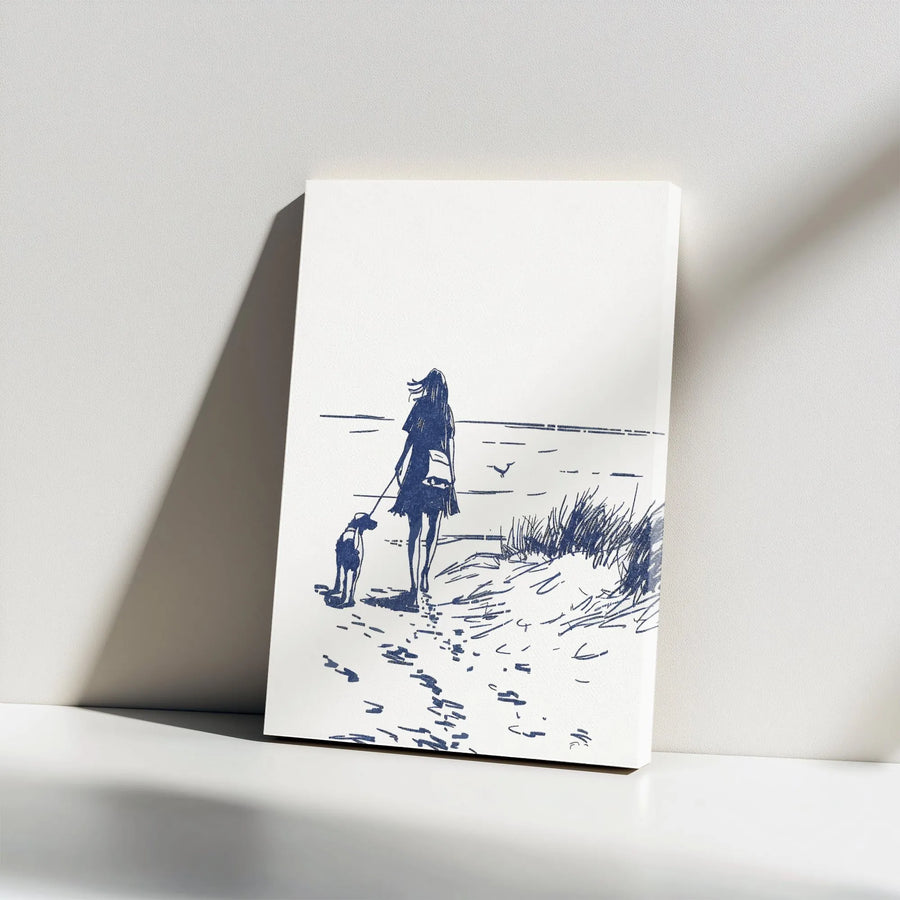Woman Walking Dog Canvas Art | Coastal Beach Sketch Wall Decor | Premium 1.25 Gallery Wrap | Aesthetic Gift for Dog Lovers