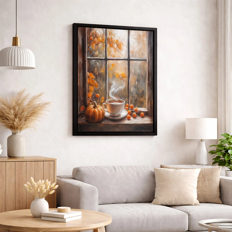 Autumn Window Canvas Print | Rainy Fall Day with Coffee and Pumpkin | Premium Gallery-Wrapped Wall Art | Cozy Home Decor Gift