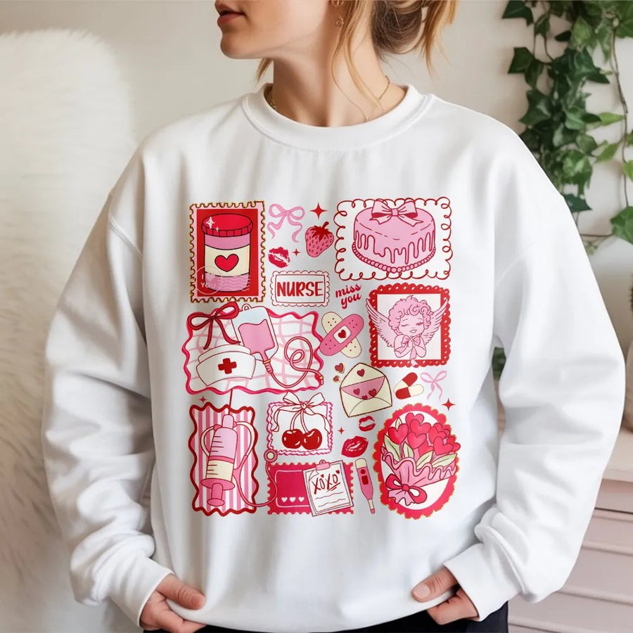 Nurse Valentine Sweatshirt | Coquette Pink Doodle Medical Graphic | Premium Cotton Blend | Cute RN Valentine's Day Gift for Nurses