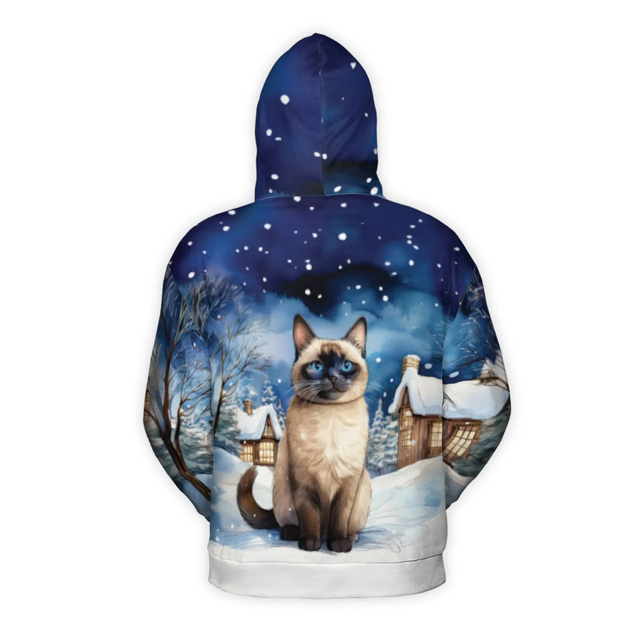Siamese Cat 3D Hoodie | Snowy Winter Village Graphic Print | Premium Brushed Fleece Pullover | Unisex Holiday Gift for Cat Lovers