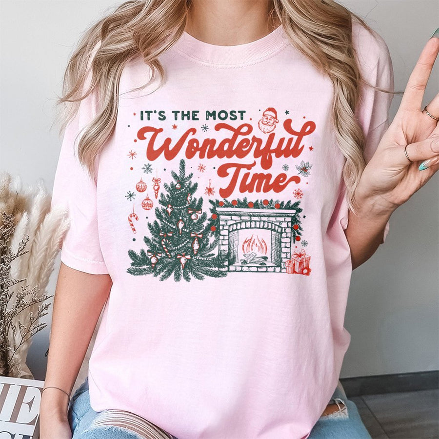 It's The Most Wonderful Time Christmas T-Shirt | Retro Festive Fireplace Graphic | Premium 100% Cotton | Cozy Holiday Gift for Family