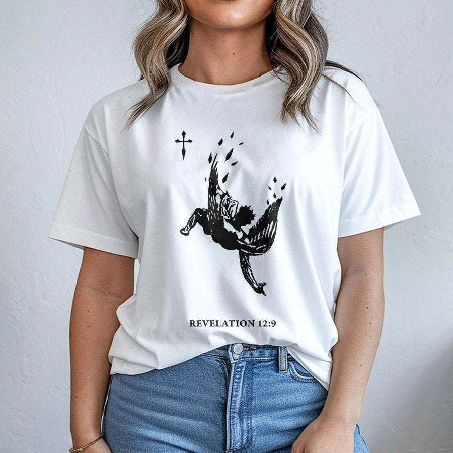 Revelation 12:9 Fallen Angel T-Shirt | Gothic Religious Bible Verse Graphic | Premium Cotton Streetwear | Christian Faith Apparel Gift