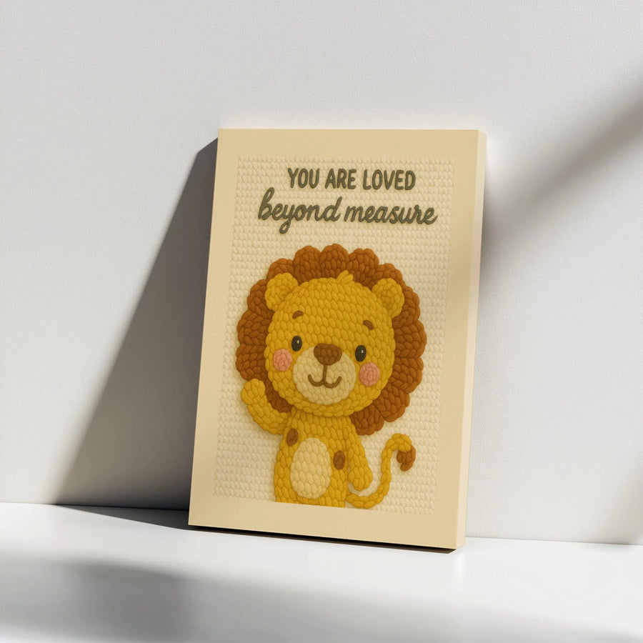 Cute Lion Canvas Wall Art | 'You Are Loved' Quote with Knitted-Look Texture | Premium Gallery Print | Baby Shower Gift & Nursery Room Decor