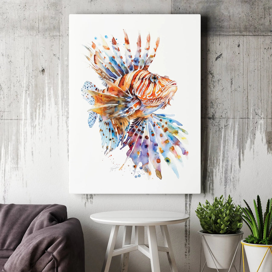 Lionfish Canvas Wall Art | Vibrant Watercolor Tropical Fish Painting | Premium Gallery Wrapped Print | Coastal Beach House Decor Gift for Ocean Lover
