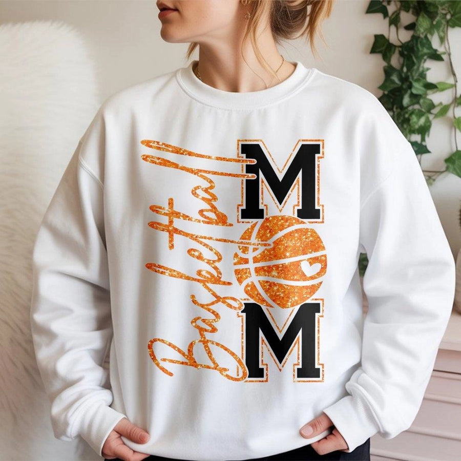 Basketball Mom Sweatshirt | Glitter Basketball Graphic Print | Premium Cotton Blend Crewneck | Cute Game Day Gift for Basketball Mama Fans