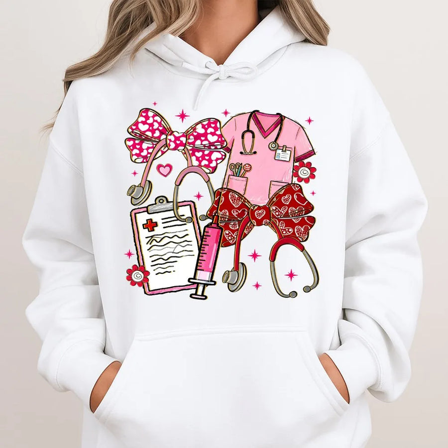 Nurse Valentine Hoodie | Coquette Pink Stethoscope Heart Bow Print | Premium Cotton Blend | Cute Healthcare Professional Gift for Her