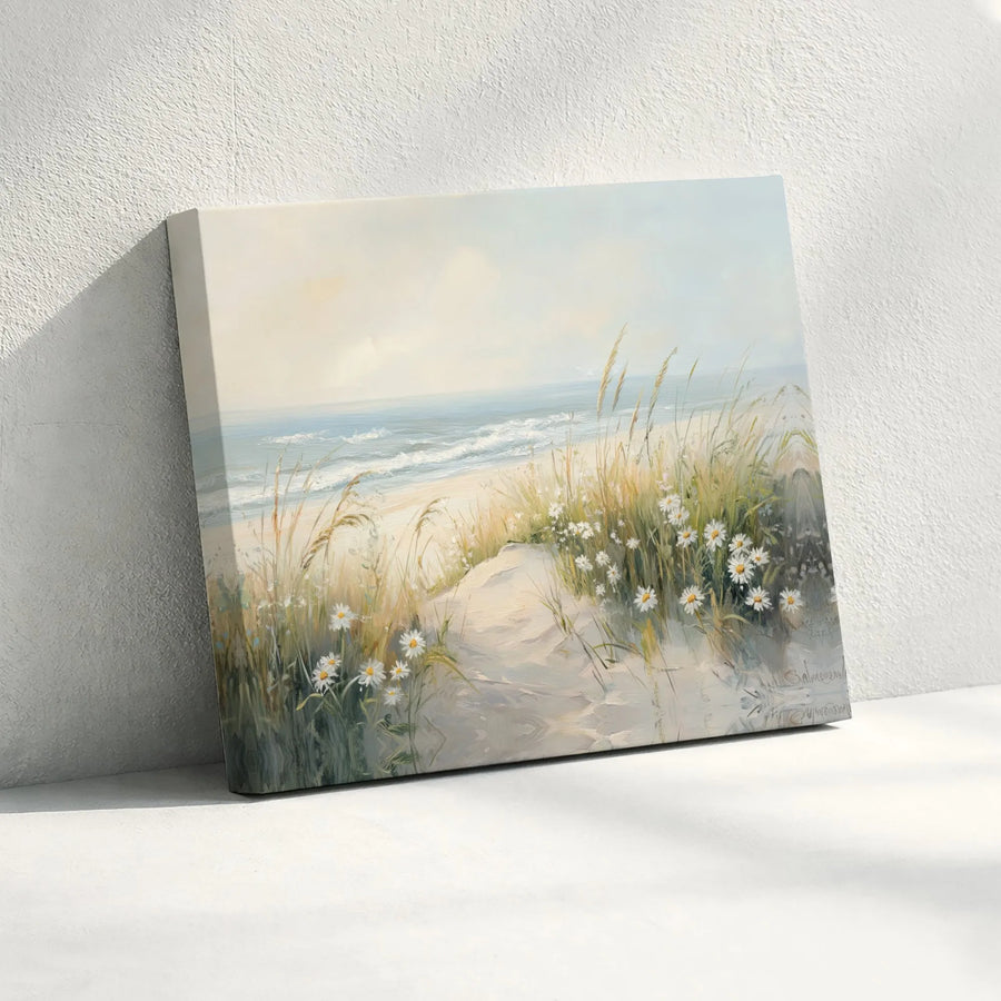 Coastal Seascape Canvas Wall Art | Sand Dunes and Daisy Beach Print | 1.25" Premium Gallery Wrapped | Serene Ocean Home Decor Gift