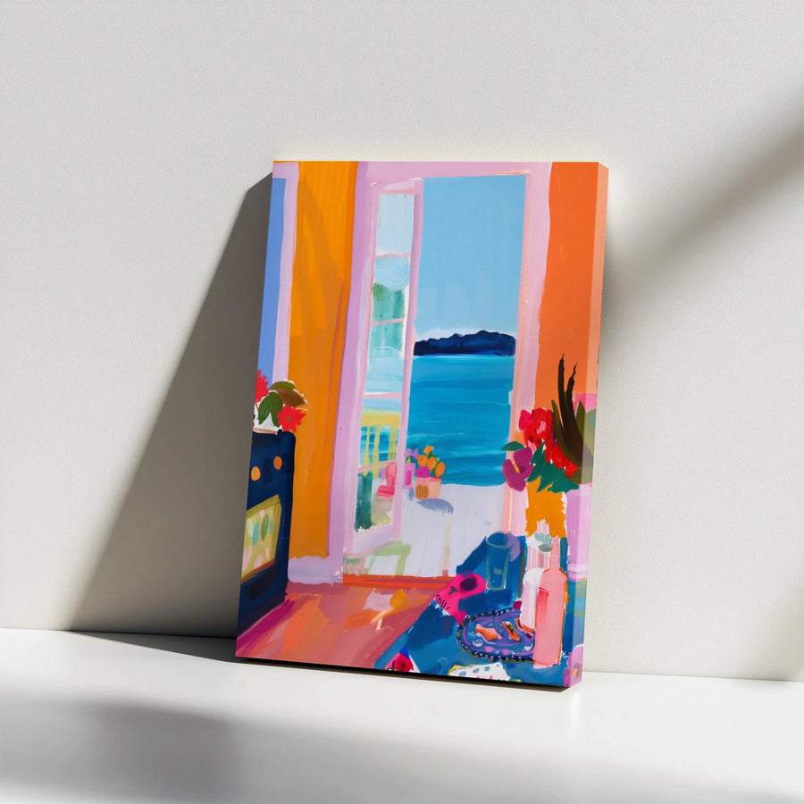 Abstract Coastal Window Canvas Print | Vibrant Fauvist Style Seascape Painting | Premium Gallery Wrapped Canvas | Modern Bohemian Living Room Decor Gift