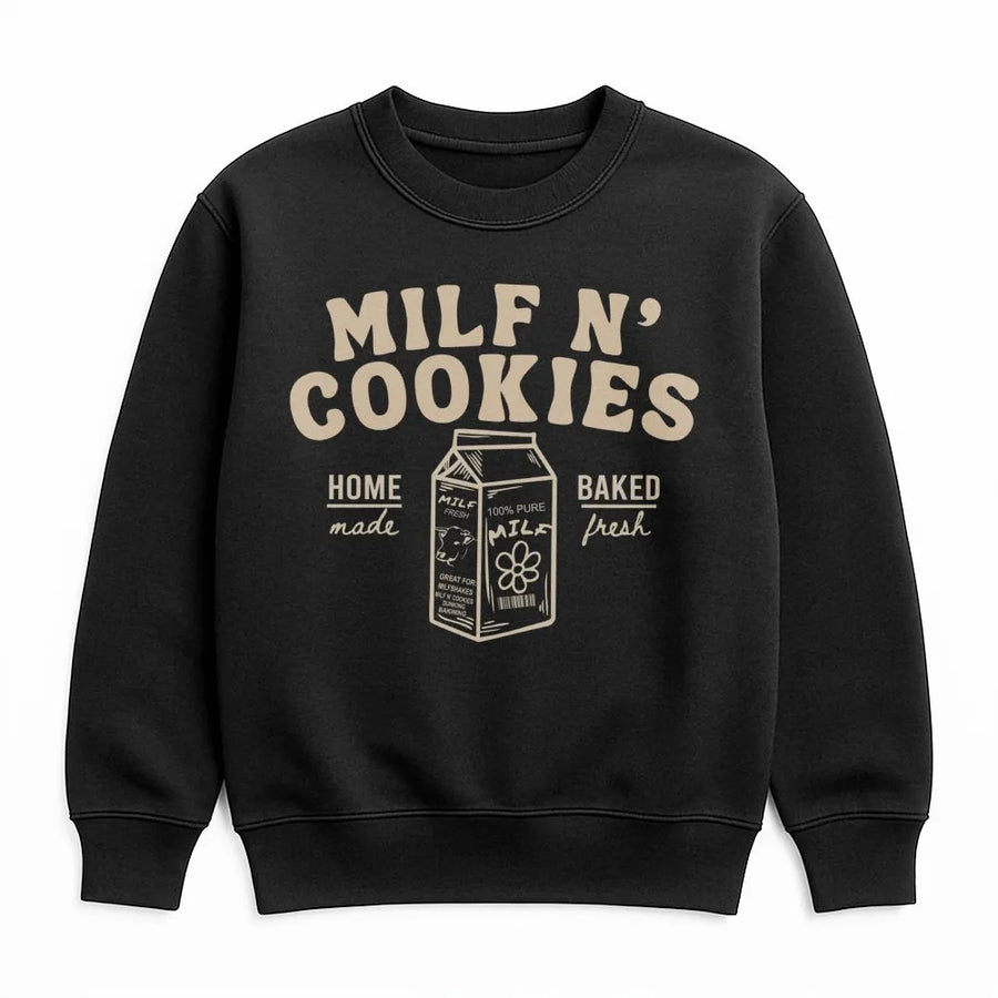 Milf N Cookies Sweatshirt | Funny Retro Milk Carton Graphic | Premium Cotton Blend Crewneck | Gift For Mom Or Wife